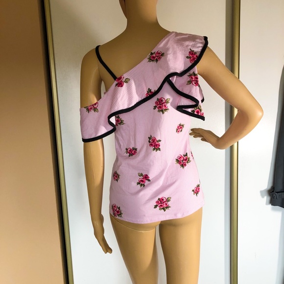 Pink pin striped floral off the shoulder top - Picture 2 of 7